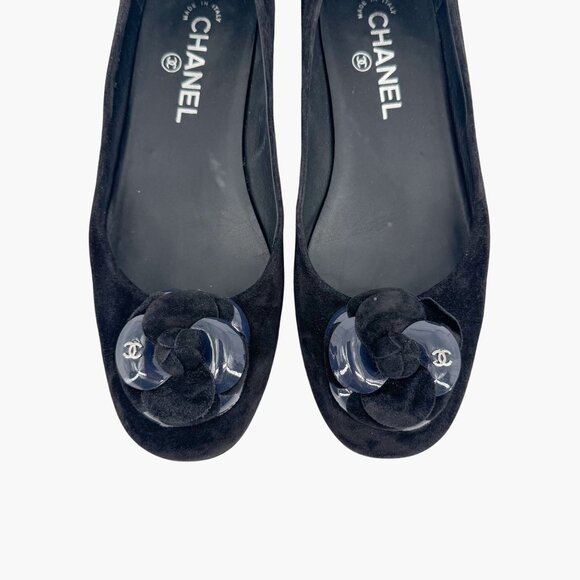 Chanel Camellia CC Ballet Flats Black Suede Size 38.5 US 7.5–8 Women Flower Logo - Picture 3 of 14